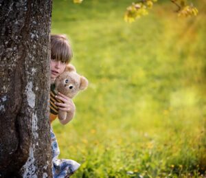 child, person, human, girl, teddy, teddy bear, hide, tree, nature, outdoors, teddy bear, hide, hide, hide, hide, hide